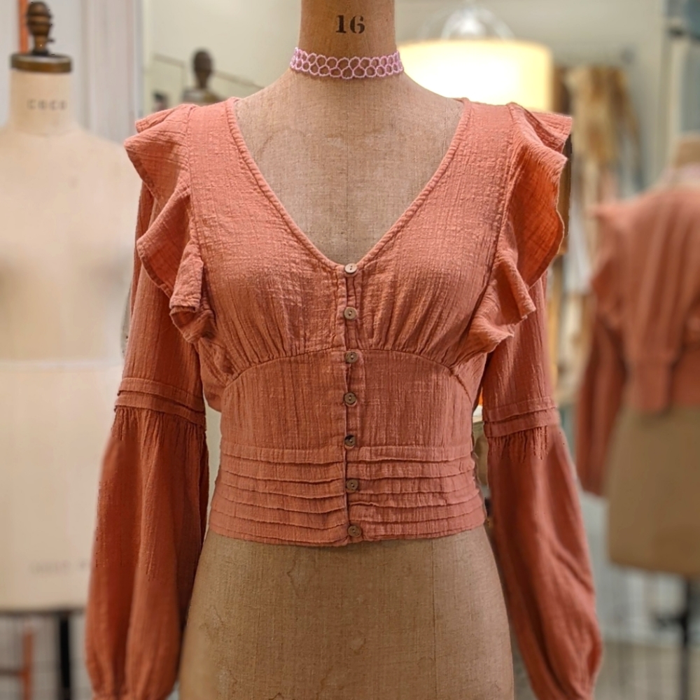 Primark Rust Coral Button-Front Ruffle Blouse